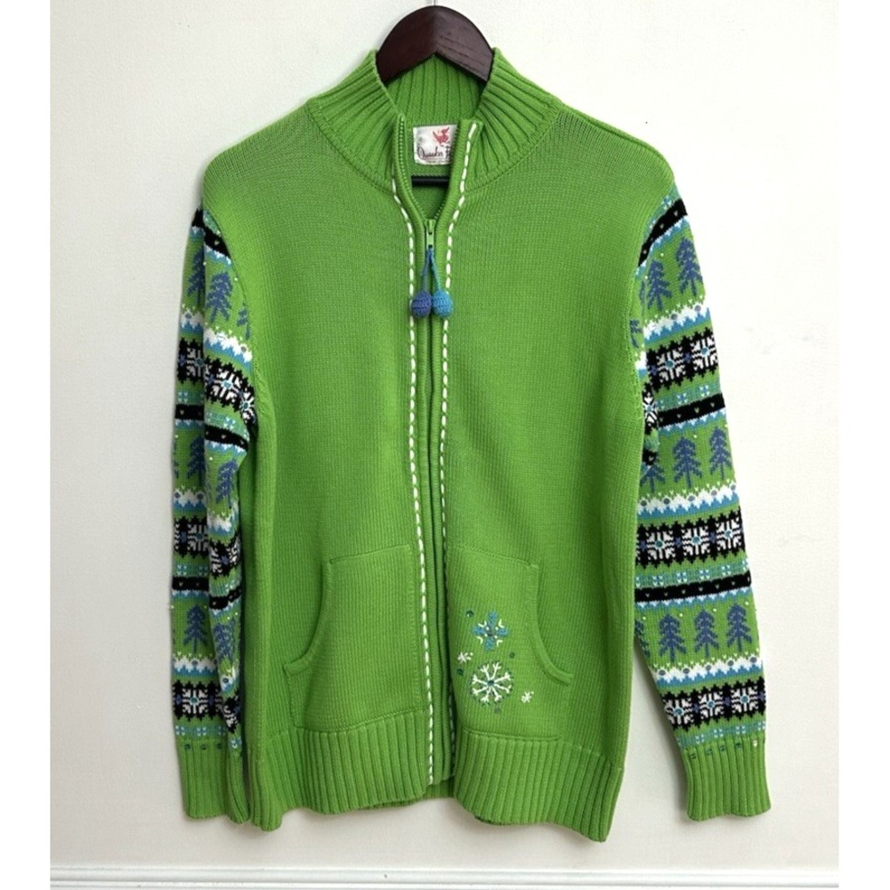Quacker Factory Cardigan Sweater‎ Women's M Green Embroidered Sequin Full Zip